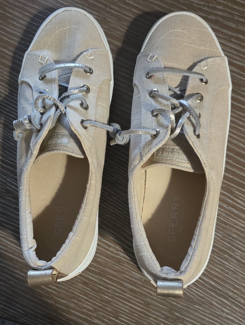 Sperry Women's Beige Canvas Lace-Up Sneakers with Metallic Accents- SIZE 9